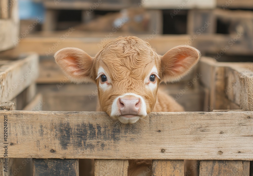 Poster curious calf peering over wooden crate in rustic farm setting with textured background of natural ma