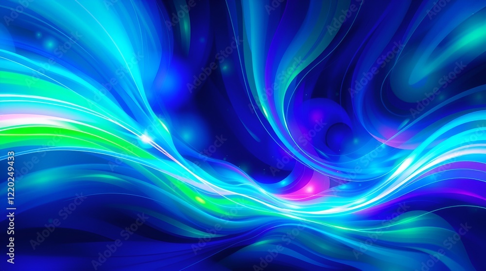 Poster dynamic abstract background featuring flowing waves in vibrant blue and green tones creating an ener