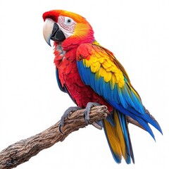 Obraz premium Vibrant Scarlet Macaw perched on a branch, showcasing its colorful feathers against a plain background
