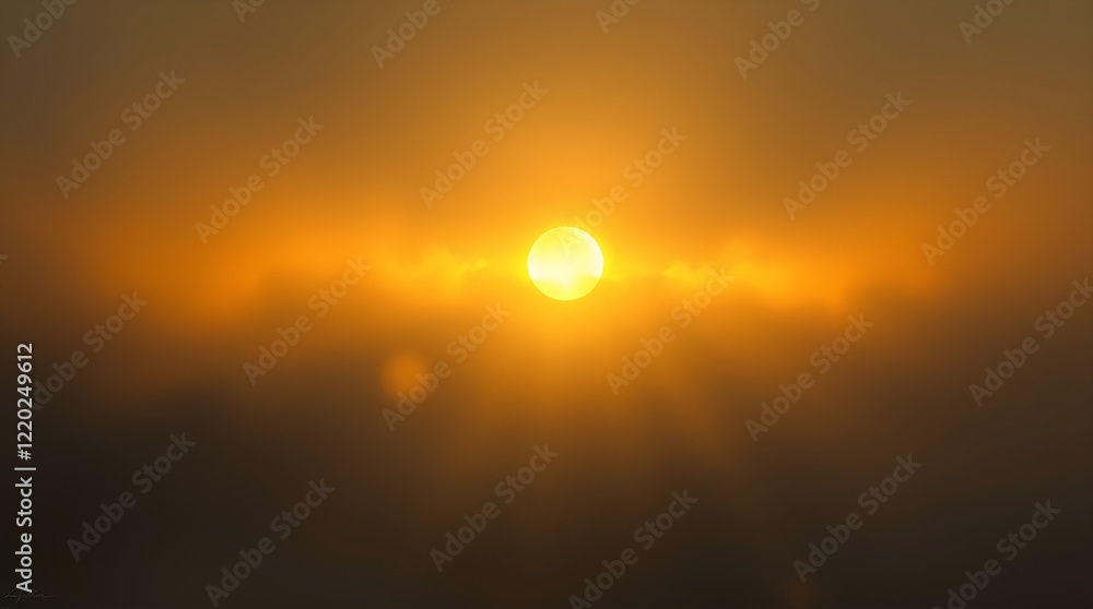 Poster sun shining through mist and clouds creating a warm and atmospheric scene at dawn