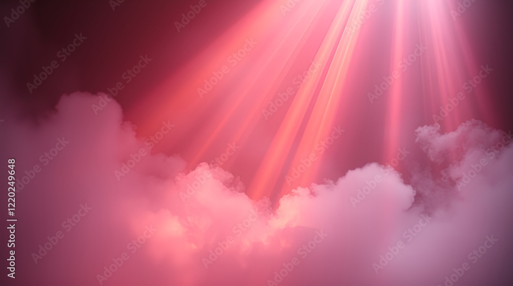 Poster whimsical pink clouds with soft light rays creating a serene and enchanting atmospheric effect