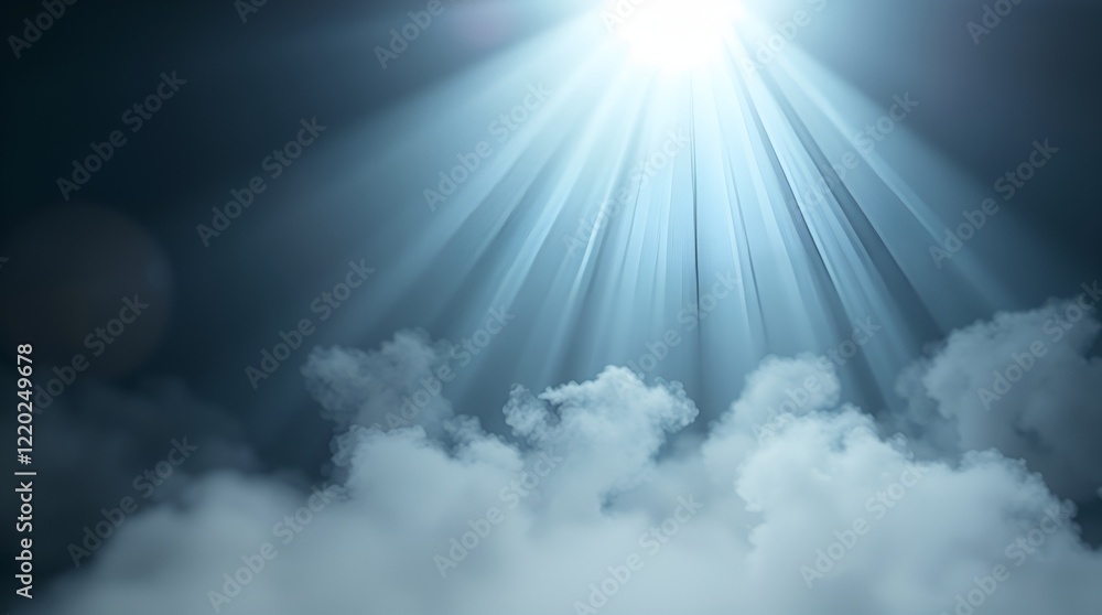 Poster dramatic sky with shafts of light piercing through clouds creating a serene and ethereal atmosphere