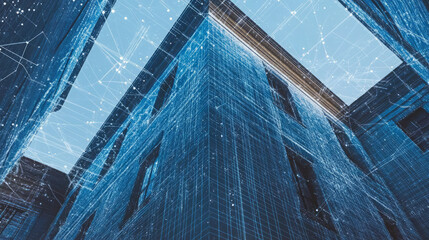 smart building technology with digital twin and iot infrastructure in modern architecture showcasing network connectivity and data visualization in urban landscape