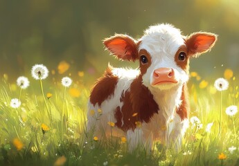 Cute Brown and White Calf in a Sunny Meadow Surrounded by Dandelions and Wildflowers, Capturing the Essence of Rural Life and Nature’s Beauty