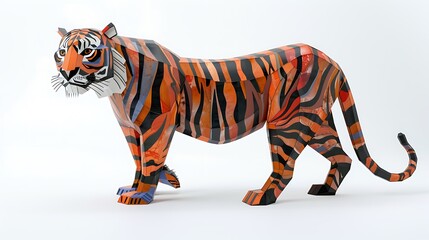 Naklejka premium A bold wooden tiger painted in vibrant orange and black stripes with added colorful accents, isolated on a clean white background.