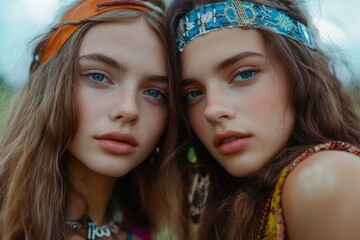 Close up image of two hippie girls. boho style accessories