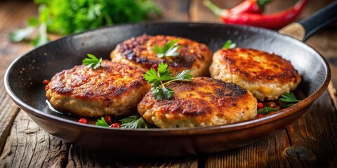 Close-up shot of minced meat chicken cutlets browned in a pan with paprika adding a smoky flavor and aroma, garnished with fresh parsley , restaurant, food