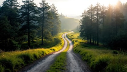 Obraz premium Winding Country Road Through Green Hills And Tall Trees