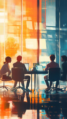 Creative Team Discussion in Modern Glass Office with Vibrant Lighting and Reflections