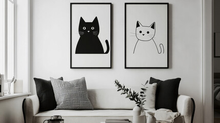 Monochrome Cat Prints: A pair of minimalist black and white cat prints add a touch of playful sophistication to a modern living room setting.