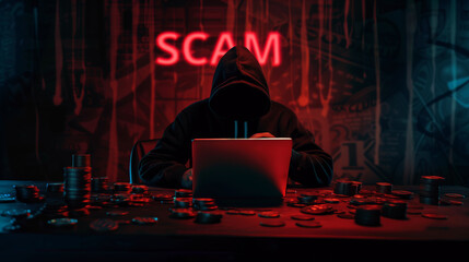 Cyber Criminal in Hoodie with Crypto Coins and Laptop