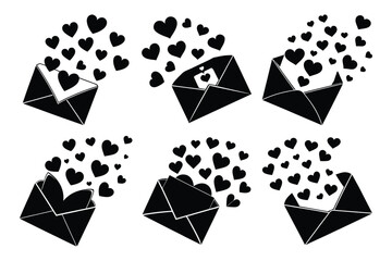 Heart Email and Open Envelope Icon silhouette set for Romantic Messages