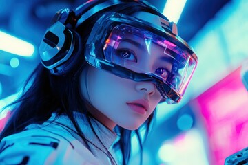 Futuristic neon studio woman explore AR gadget high-tech wear VR glasses goggles gaming simulation helmet female girl play virtual augmented reality cyber video game boxing with controllers metaverse