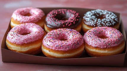 Six assorted donuts in a box; pink, chocolate, sprinkles.