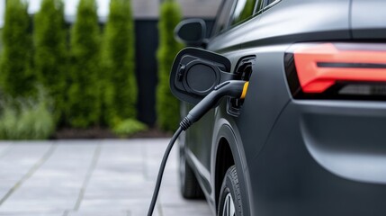 Fototapeta premium Electric vehicle charging at home, close-up view of charging port and cable in modern urban environment
