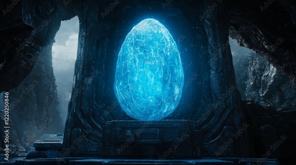 Poster mysterious blue egg-like structure illuminated in dim cave environment with futuristic elements and 