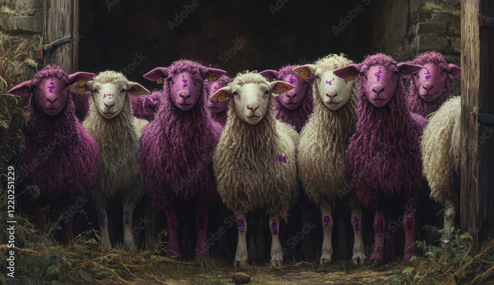 Poster group of unique sheep with purple coloring and distinct markings gathered together in a rustic setti