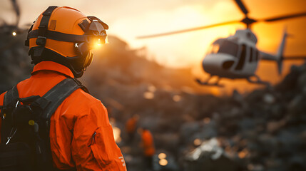 Fototapeta premium Disaster Recovery Scene with Rescuer and Helicopter at Sunset