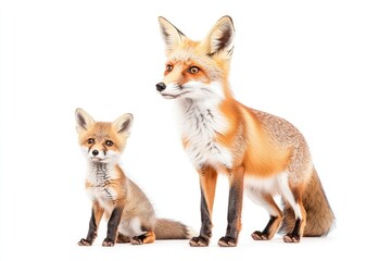 Naklejka premium A realistic depiction of a mother fox and her cub standing together in a bright, white environment
