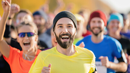 joyful marathon runner in yellow shirt leads supportive crowd of cheering participants, all smiling and energized during race