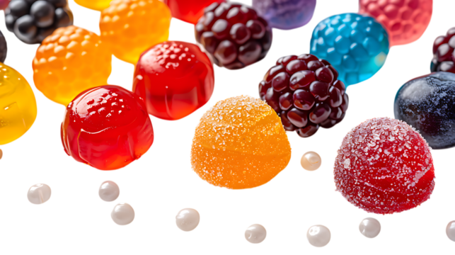 Delicious colorful candies floating, isolated on white background.