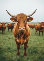 Majestic Highland Cow Stands Proudly in a Lush Green Field Surrounded by Herd in Serene Countryside Atmosphere Under Overcast Sky