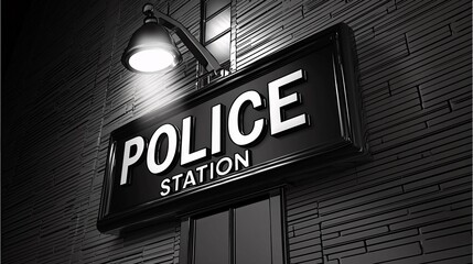 Fototapeta premium STATION A black and white illustration of a police station with a spotlight shining on the 