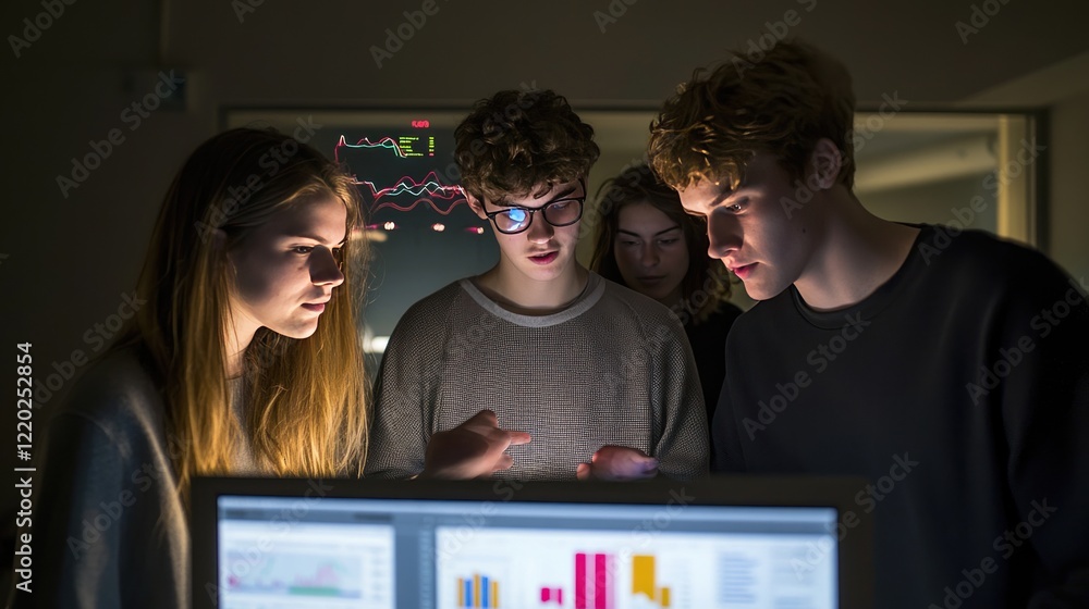 Poster young adults collaborate on a project, studying data on computer screens in a dimly lit room.
