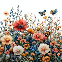 A vibrant floral arrangement featuring colorful wildflowers and butterflies in a serene garden setting