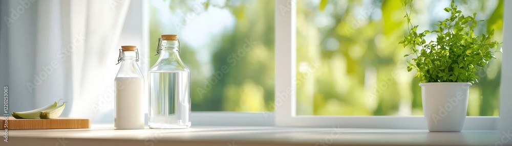 Poster a bright window scene featuring bottles and a potted plant, creating a fresh and inviting atmosphere