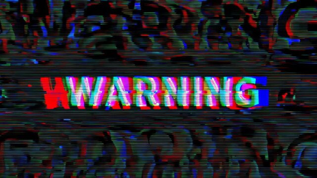 Warning text pulses in digital void. Static camera position with RGB splitting effect. Horizontal scan lines sweep across frame. Text fragments, reassembles, distorts in cyclic pattern.