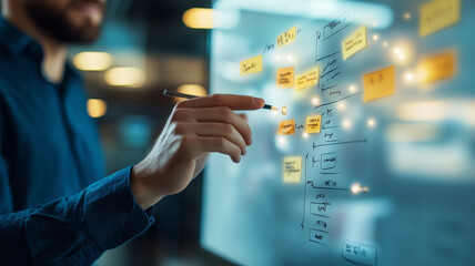 person analyzing flowchart on glass board, using sticky notes and pen, showcasing collaborative workspace. atmosphere is focused and innovative