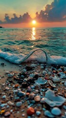 Plastic Pollution  Ocean Wave Sunset Shoreline Debris