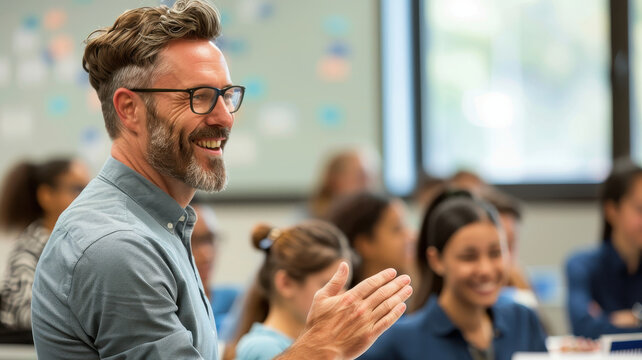 teacher enthusiastically praises student in lively classroom setting, fostering positive learning environment