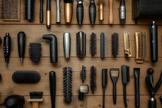 A variety of hair styling tools neatly hung on a wooden wall in a hair salon, including hair dryers, flat irons, and curling wands