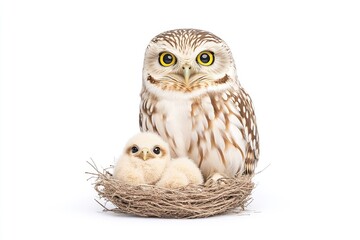 Fototapeta premium A mother owl watches protectively over her fluffy chicks nestled in a cozy nest against a white background
