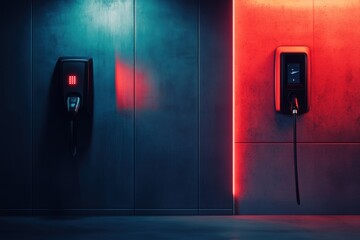 Cable connected to charging point for battery recharge at electric car charging station