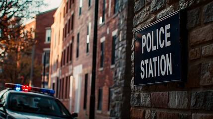 STATION Side view of a police station building, highlighting its architectural features. Police station building 