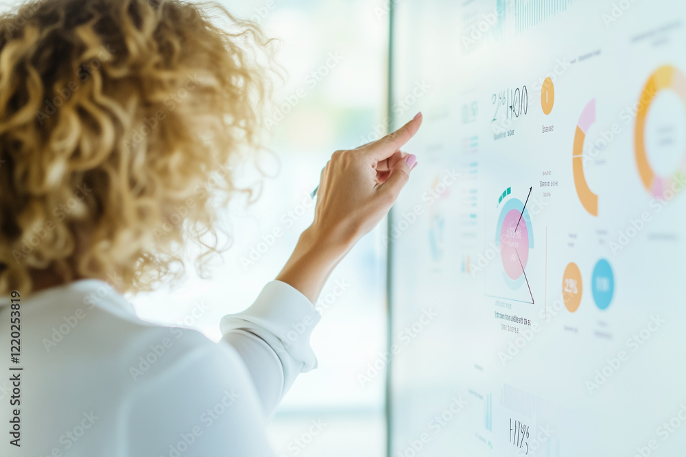Aufkleber woman analyzing data on glass wall, pointing at graphs and charts, showcasing business insights and 