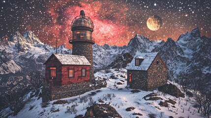 Majestic Mountain Lighthouse Under Starry Sky with Colorful Nebula and Moonlit Landscape