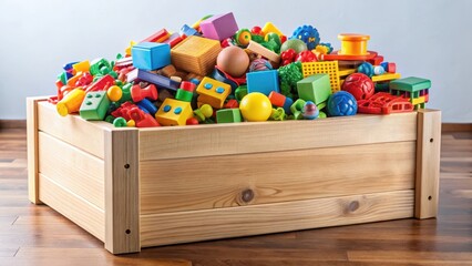 A large wooden donation box overflowing with colorful plastic toys such as blocks, cars, and puzzles, in a community center or charity event setting, community, charity