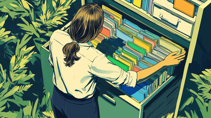 長い髪と白いシャツを着た人物が、カラフルな書類が詰まった開いたファイルキャビネットの上に立っている、クリップ アート スタイルの等角投影グラフィック。