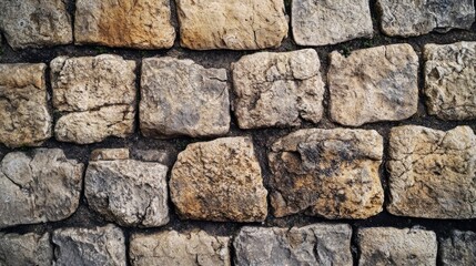 Fototapeta premium A close-up of the stone wall, with its natural and elegant texture, features rectangular slabs arranged in straight lines to create an overall pattern. The background is neutral gray tones.