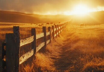 Obraz premium Serene Sunset Over Golden Fields with Wooden Fence and Grazing Horses in a Peaceful Rural Landscape