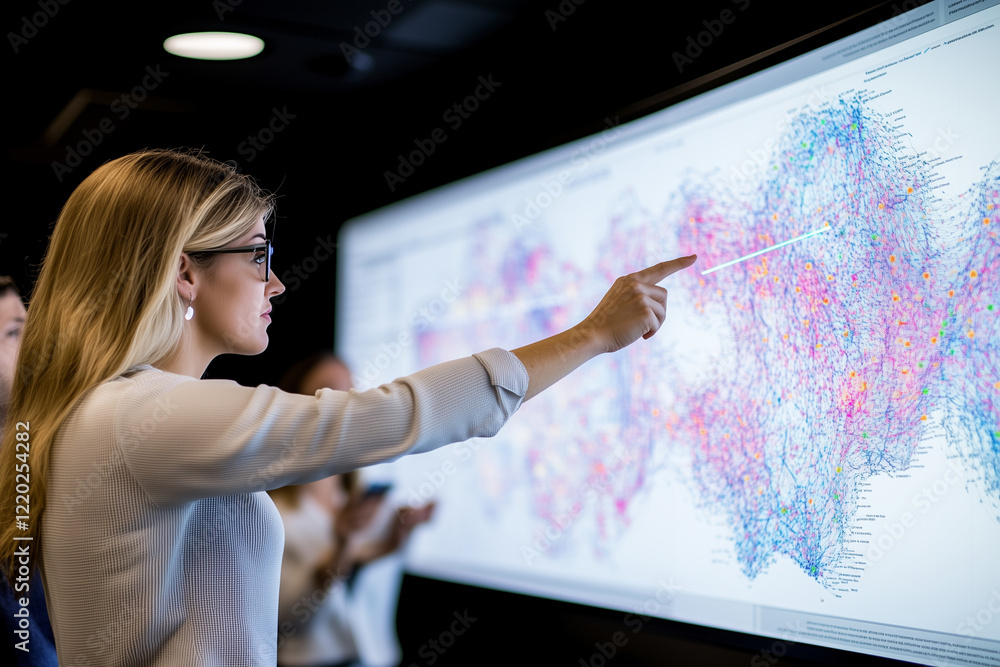 Poster woman analyzes data on large screen, pointing at colorful network graph. atmosphere is focused and c