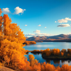 Golden trees in autumn, calm lakes, wavy landscapes, soft fluffy clouds, a peaceful feeling. Generative AI.