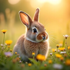 Fototapeta premium Young Brown Rabbit Sitting Peacefully in Sunlit Yellow and White Flower Field
