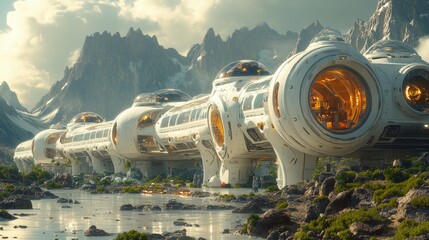 Fototapeta premium Futuristic train station nestled in a mountainous alien landscape.
