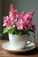 Delicate spiraea x cinerea Grefsheim flowers in a coffee cup, spiraea, spring, flowers