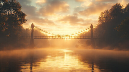 Obraz premium Serene Sunrise over Misty River and Forest Bridge